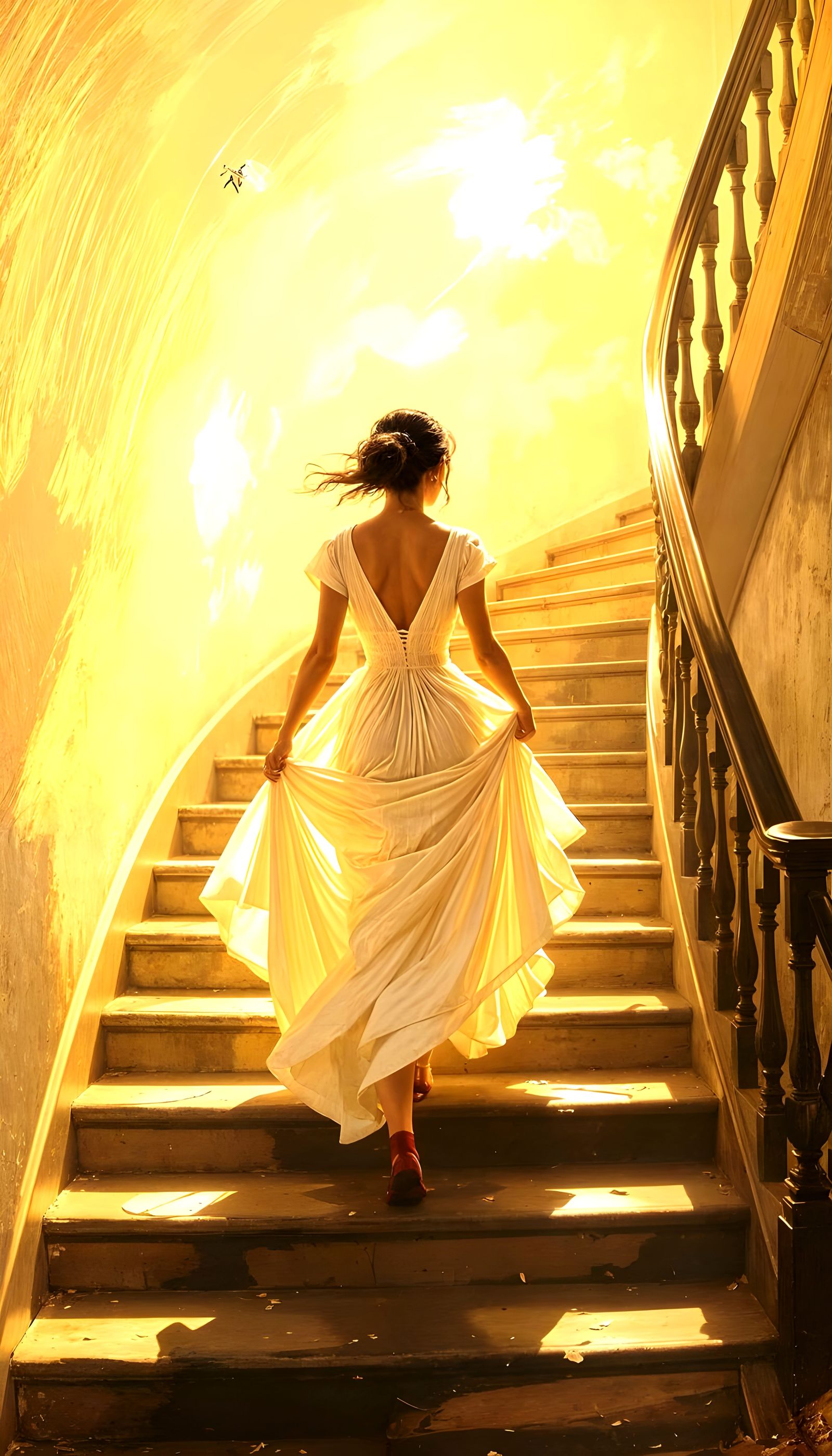 Woman Running Down Stairs in Romantic Style