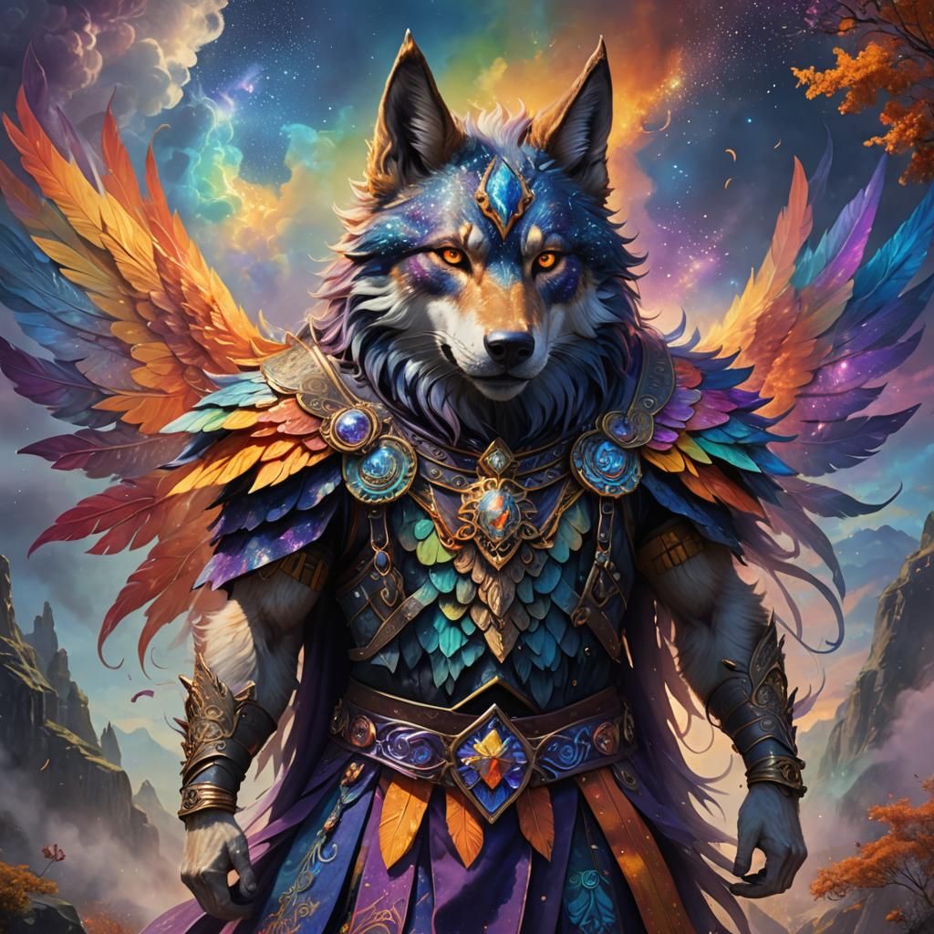 all vibrant smoggy rainbow sparkle wings on an anthropomorph...