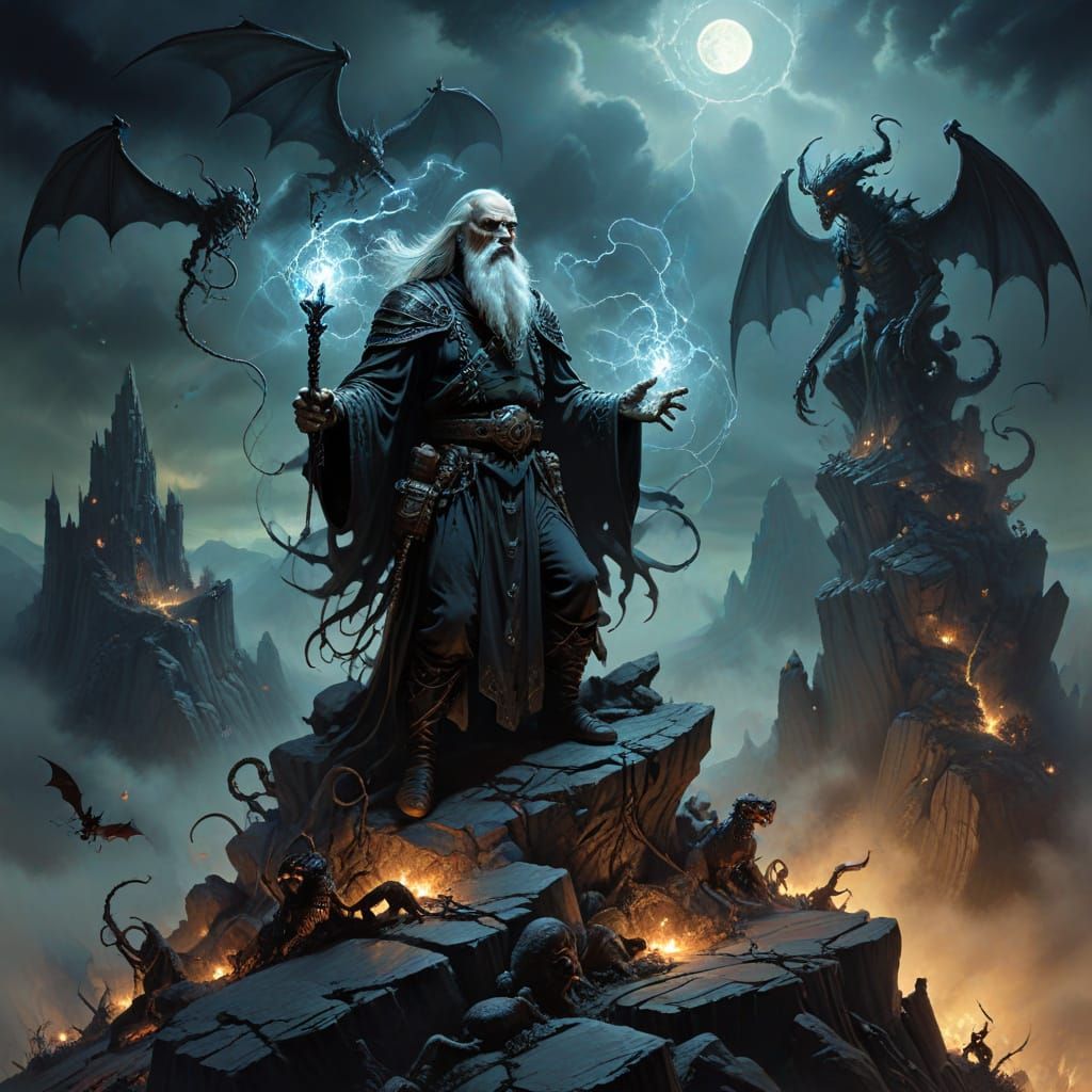 Dark Fantasy Wizard Conjuring Energy on Mountain Peak