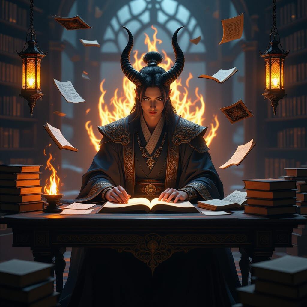 Dragon Scholar Amidst Floating Tomes: 2.5D Fantasy