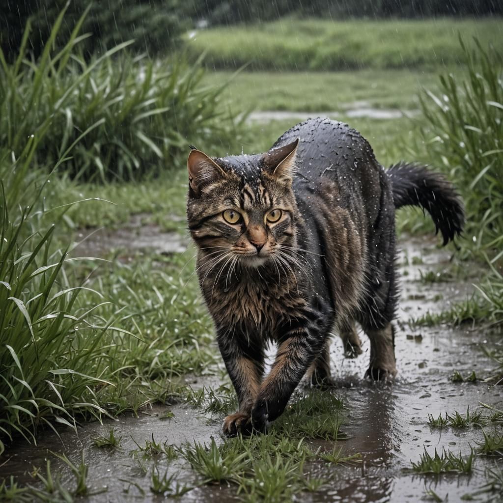 Cat Walking in Rainstorm