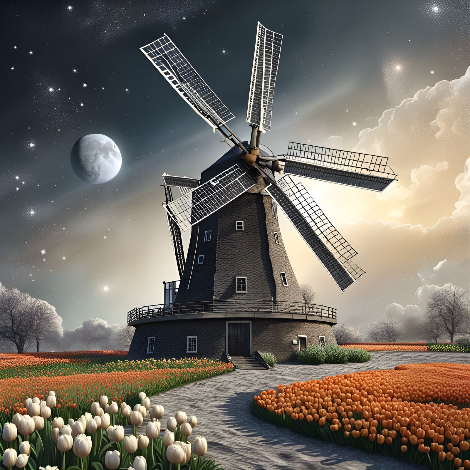 Dutch Windmill on the Moon in Space Art