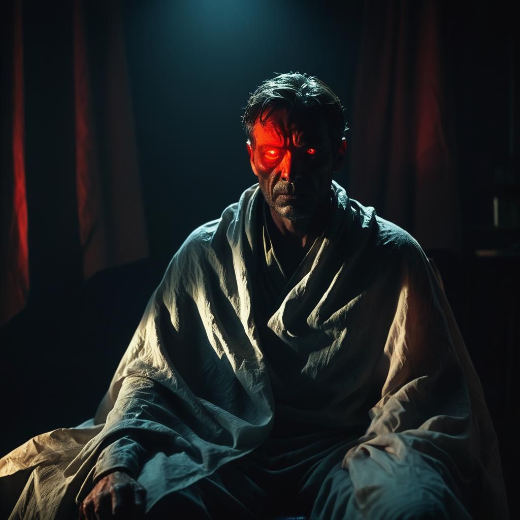 Cinematic Film Still: Man with Red Glowing Eyes
