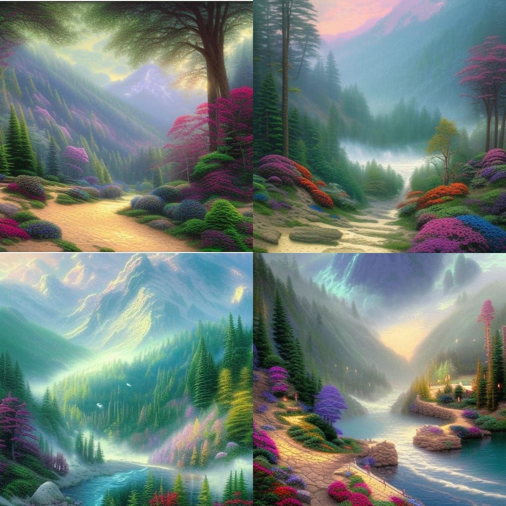 Ethereal Fantasy Mountain Landscape in Kinkade Style