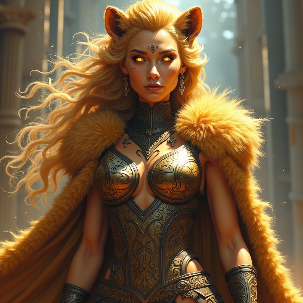 Golden Leonin Warrior in Dramatic Fantasy Style