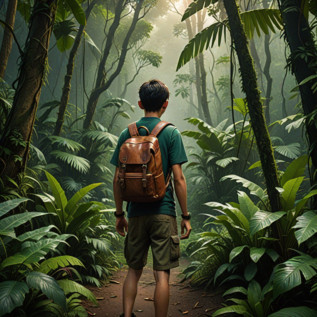 Boy Wears Vintage Leather Backpack, Fighting Through Dense J...