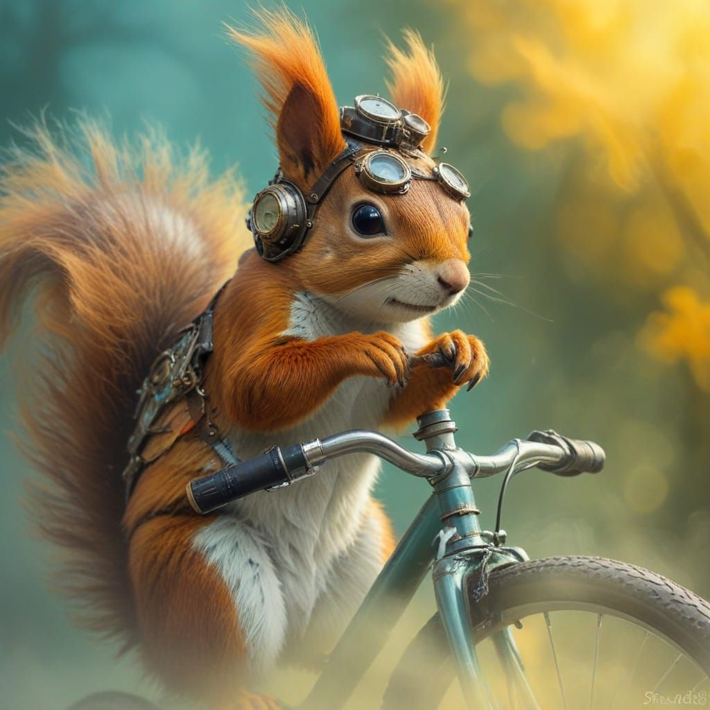 Surreal Steampunk Squirrel Rides Bicycle Through Vibrant Mis...