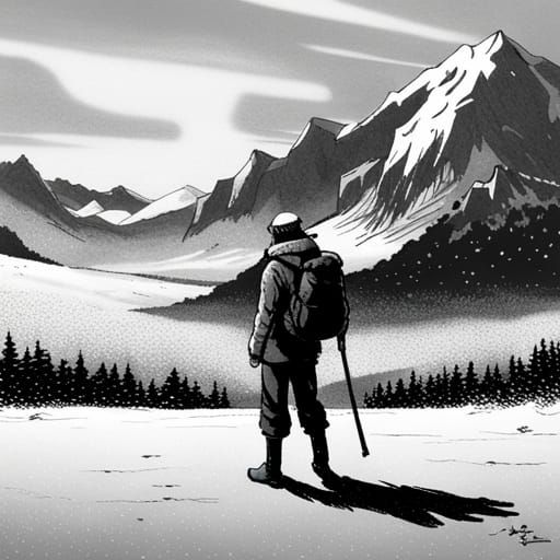 Trapper in Snowy Landscape: Herge Style Illustration