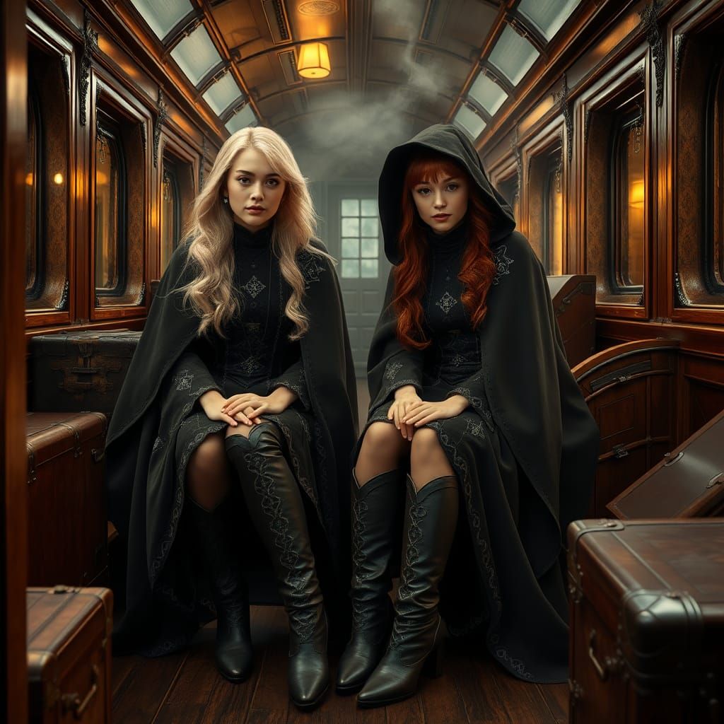 Twin Witches on Hogwarts Express in Dark Academia Style