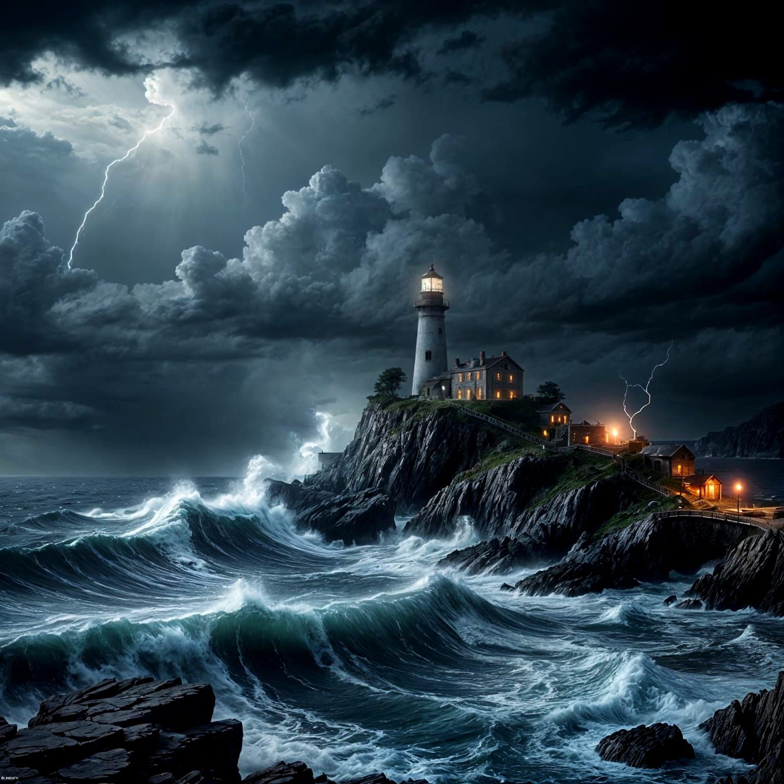 Mysterious Lighthouse Beset by Dark Stormy Sea
