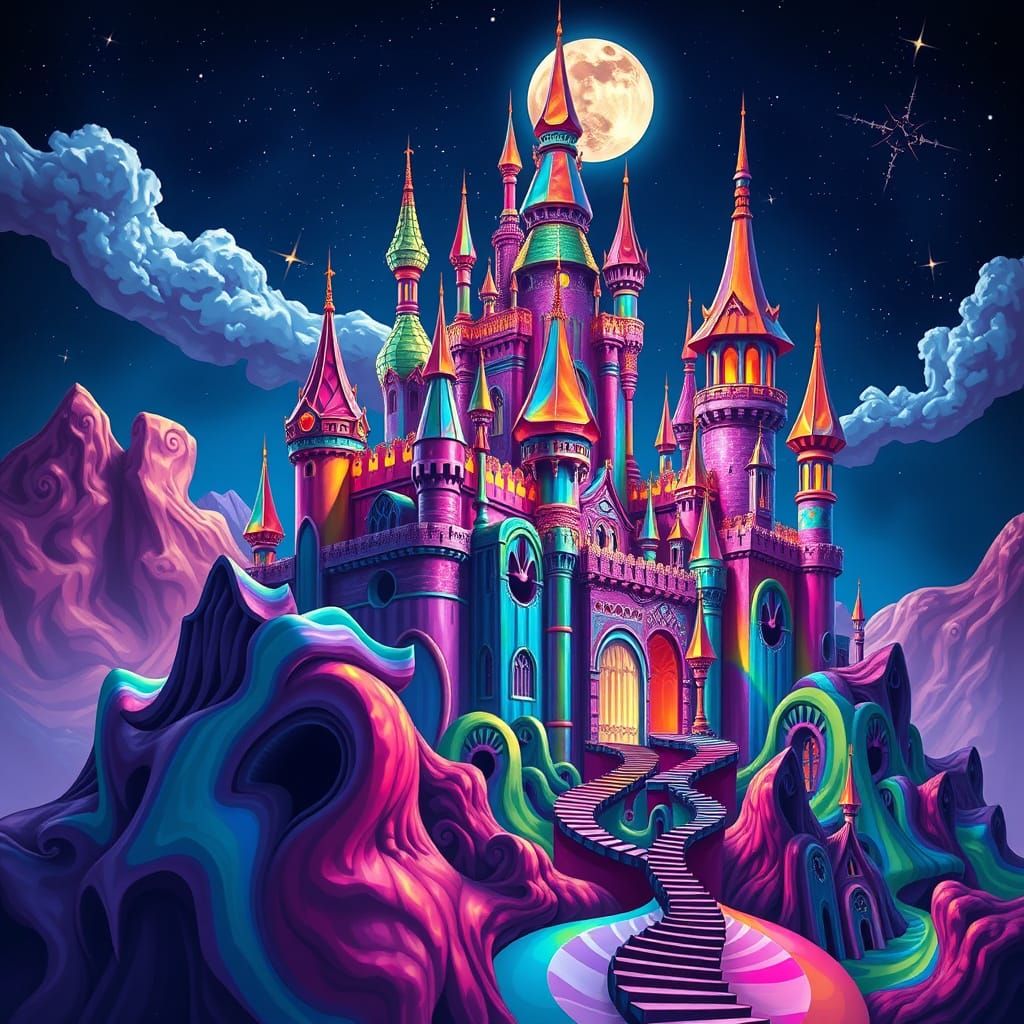 Surreal Castle in Vibrant, Swirling Colors