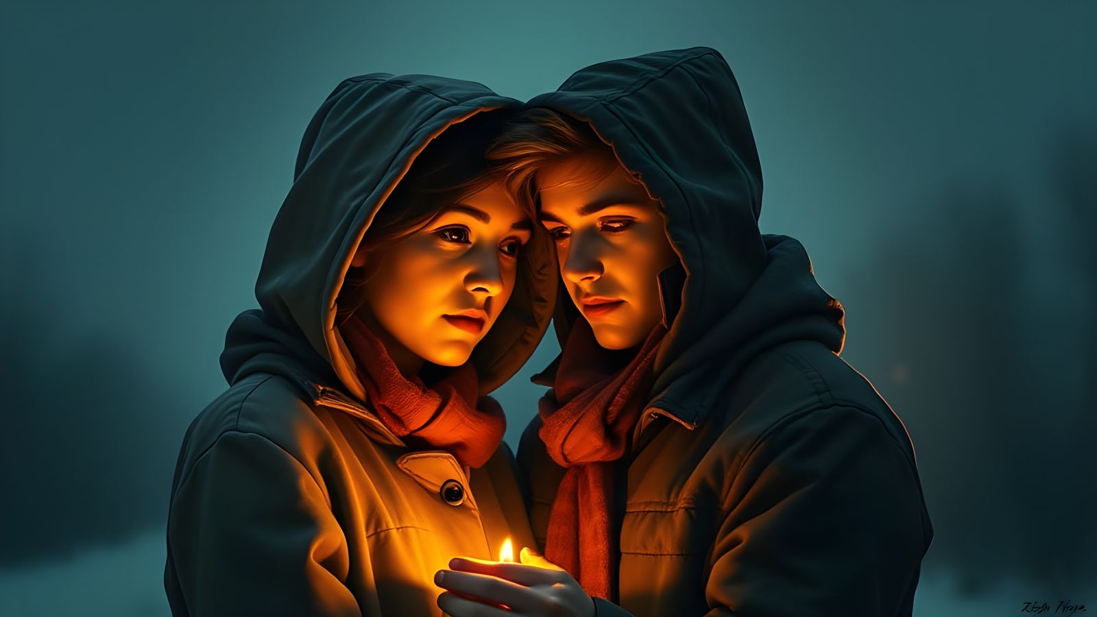 Couples Embracing by Fading Firelight