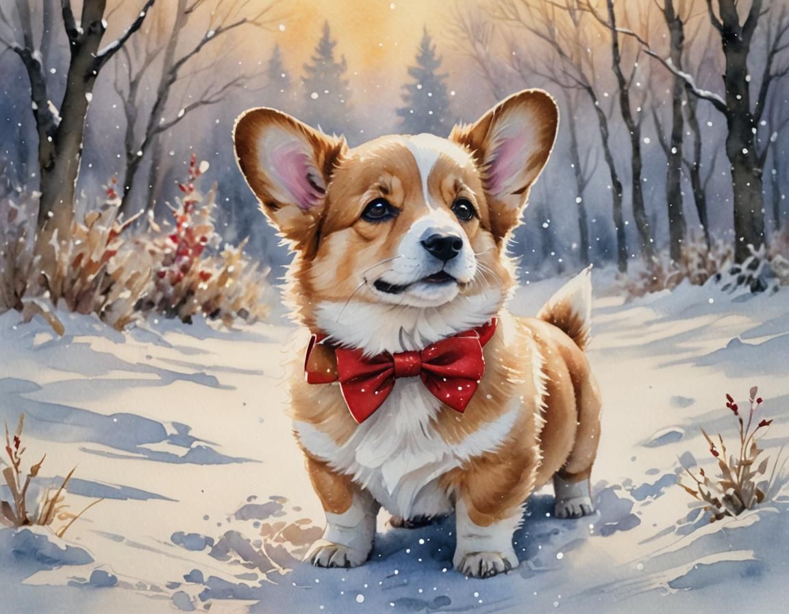 Corgi Puppy in Winter Wonderland: Watercolor Painting
