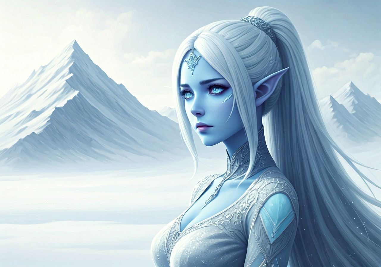 Elegant Ice Elf in Snowy Landscape, Anime Style