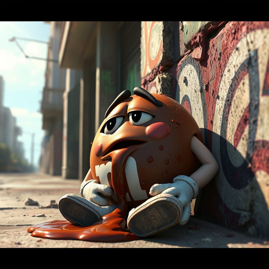 Sweat-Drenched Brown M&amp;M Slumps Against Graffiti Corner