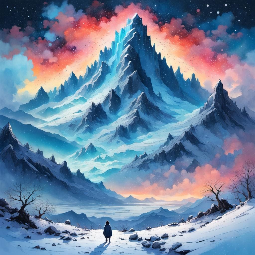 Magical Mountain in Digital Watercolor Art Style