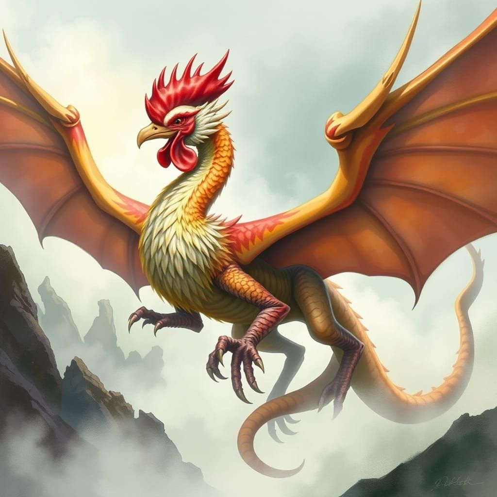 Dragon with Rooster Head in Watercolor Style