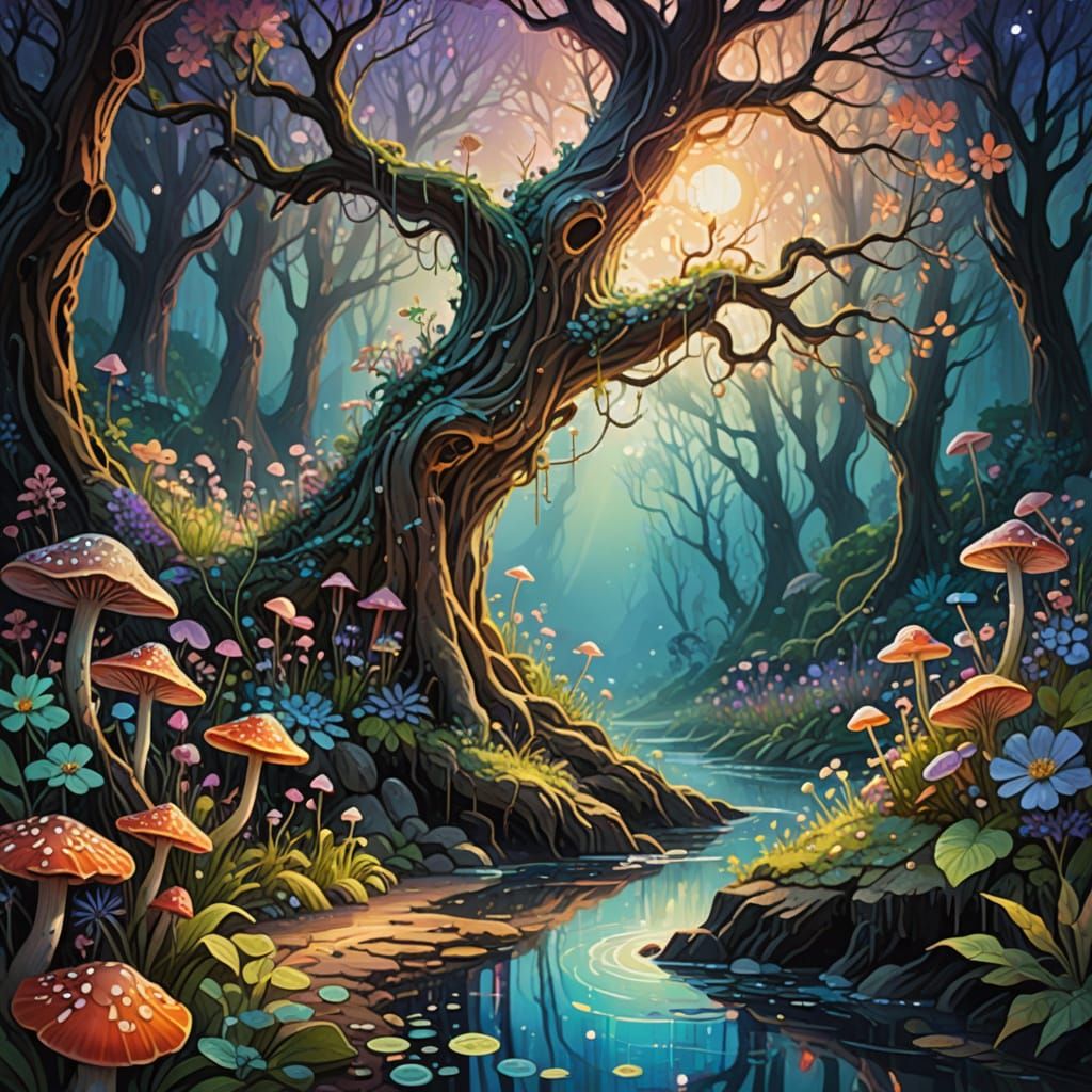 Whimsical Miniature World within Ancient Tree