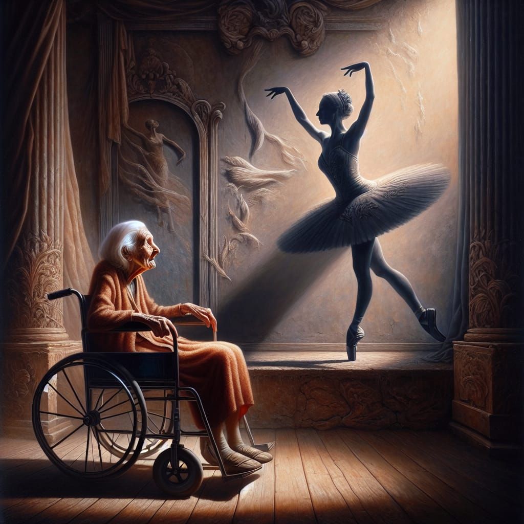 Poignant Painting of Elderly Woman with Ballerina Shadow