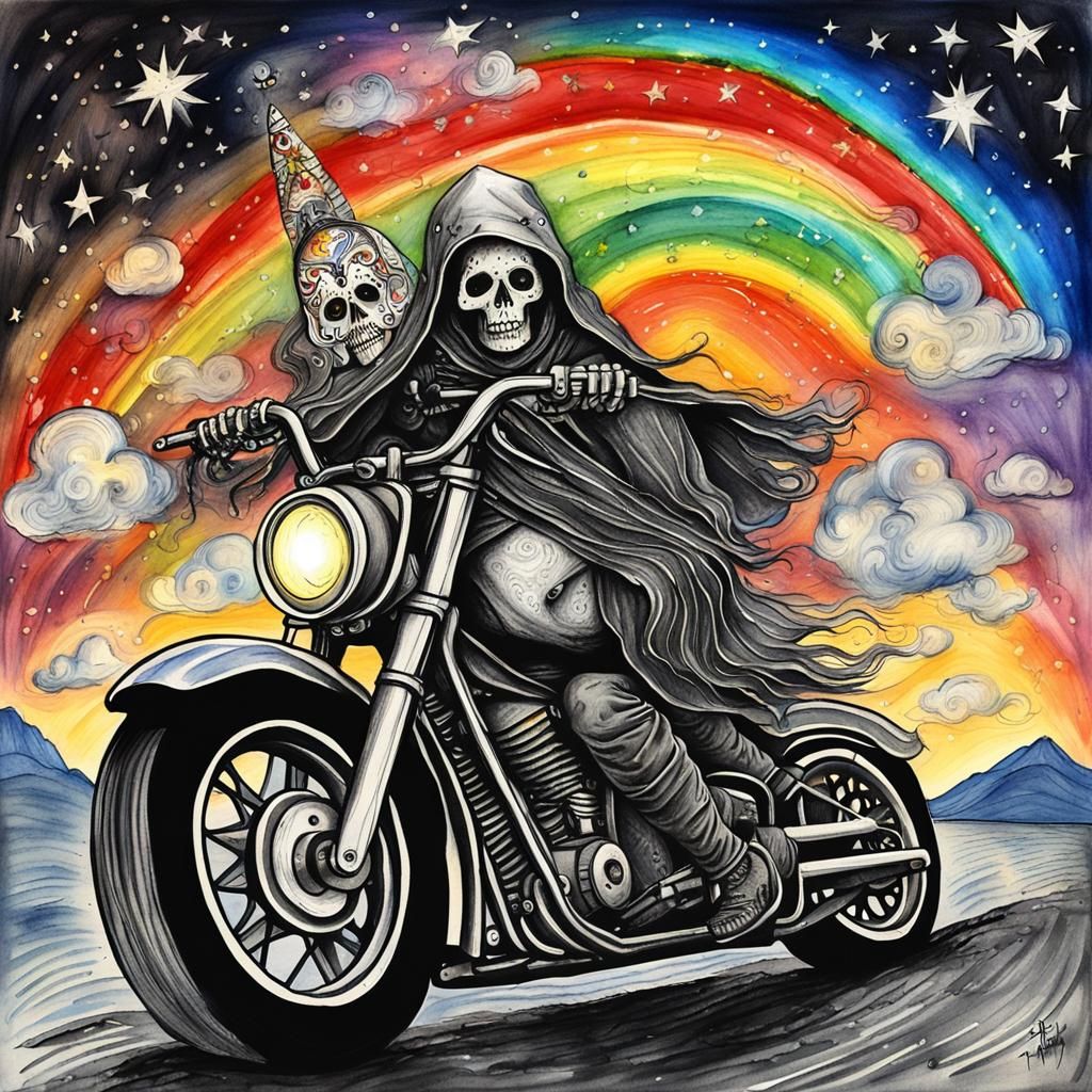 Santa Muerte Rides Motorcycle on Starry Night