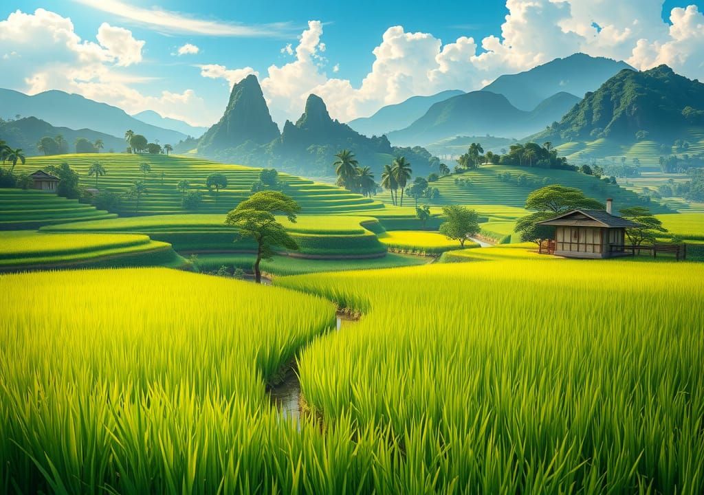 Majestic Rice Paddy Landscape Digital Illustration