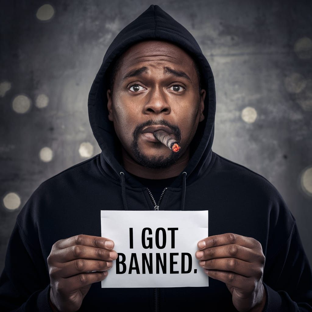 Sad Man With Cigar Holding Banned Sign