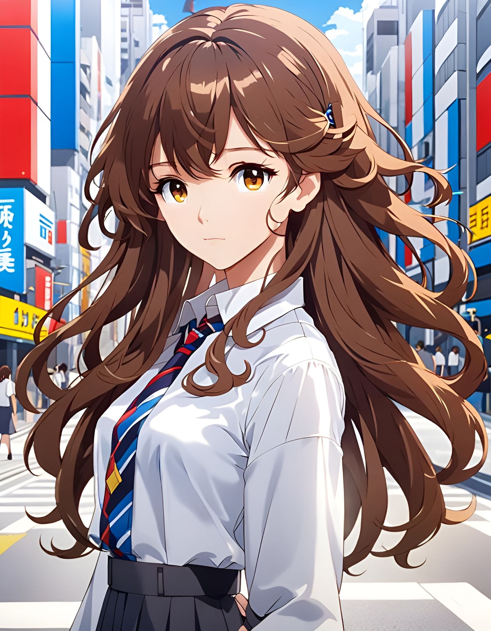 Anime Girl in Mondrian Dress: Detailed Illustration