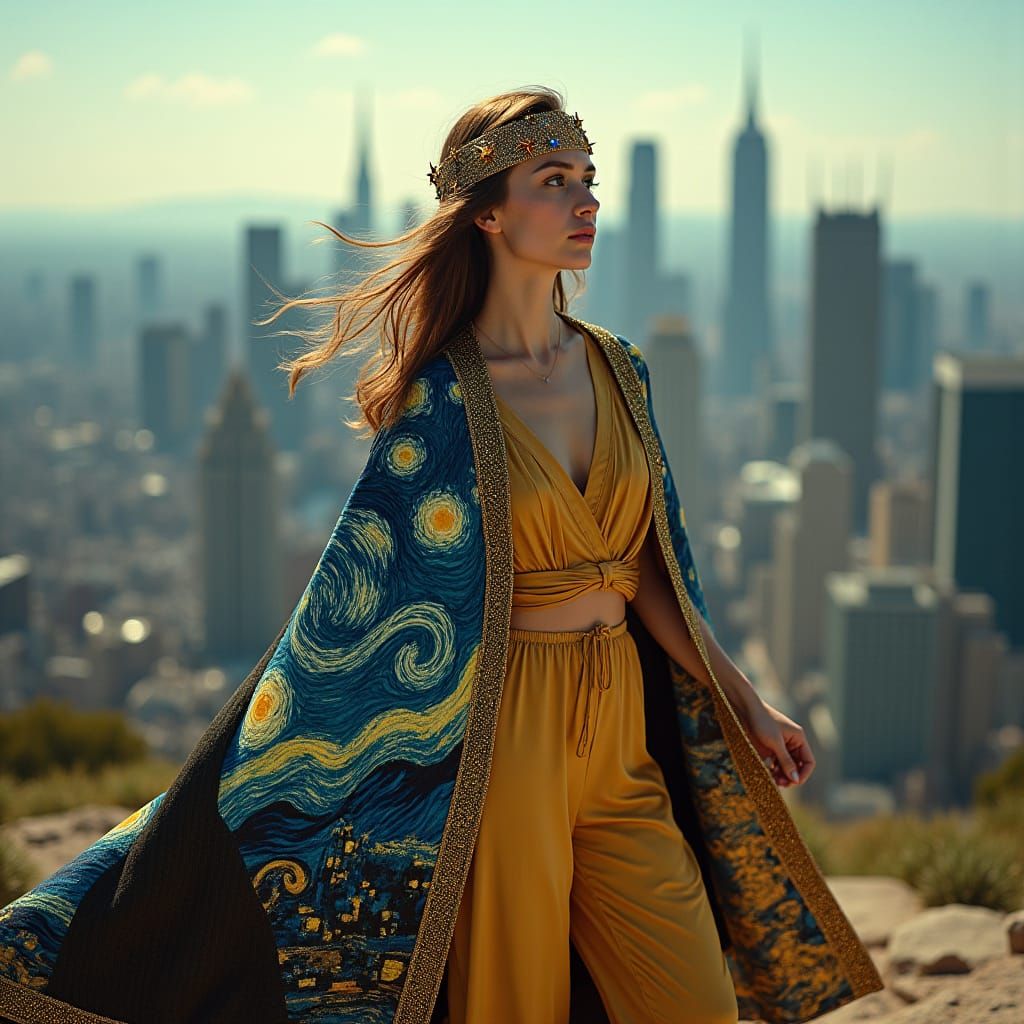 Woman in Starry Night Cape, Glittering Cinematic Portrait