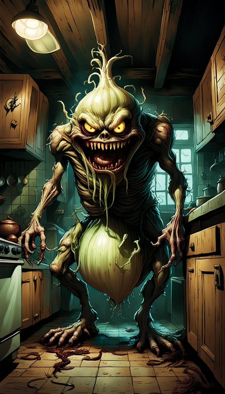 Onion Monster in Dim Kitchen: Horror Comic Art