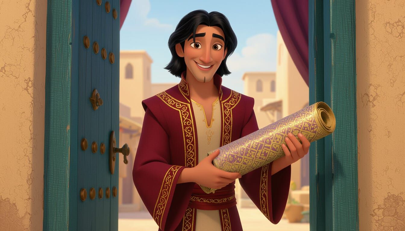 Charming Merchant at Doorway: Disney Pixar Style