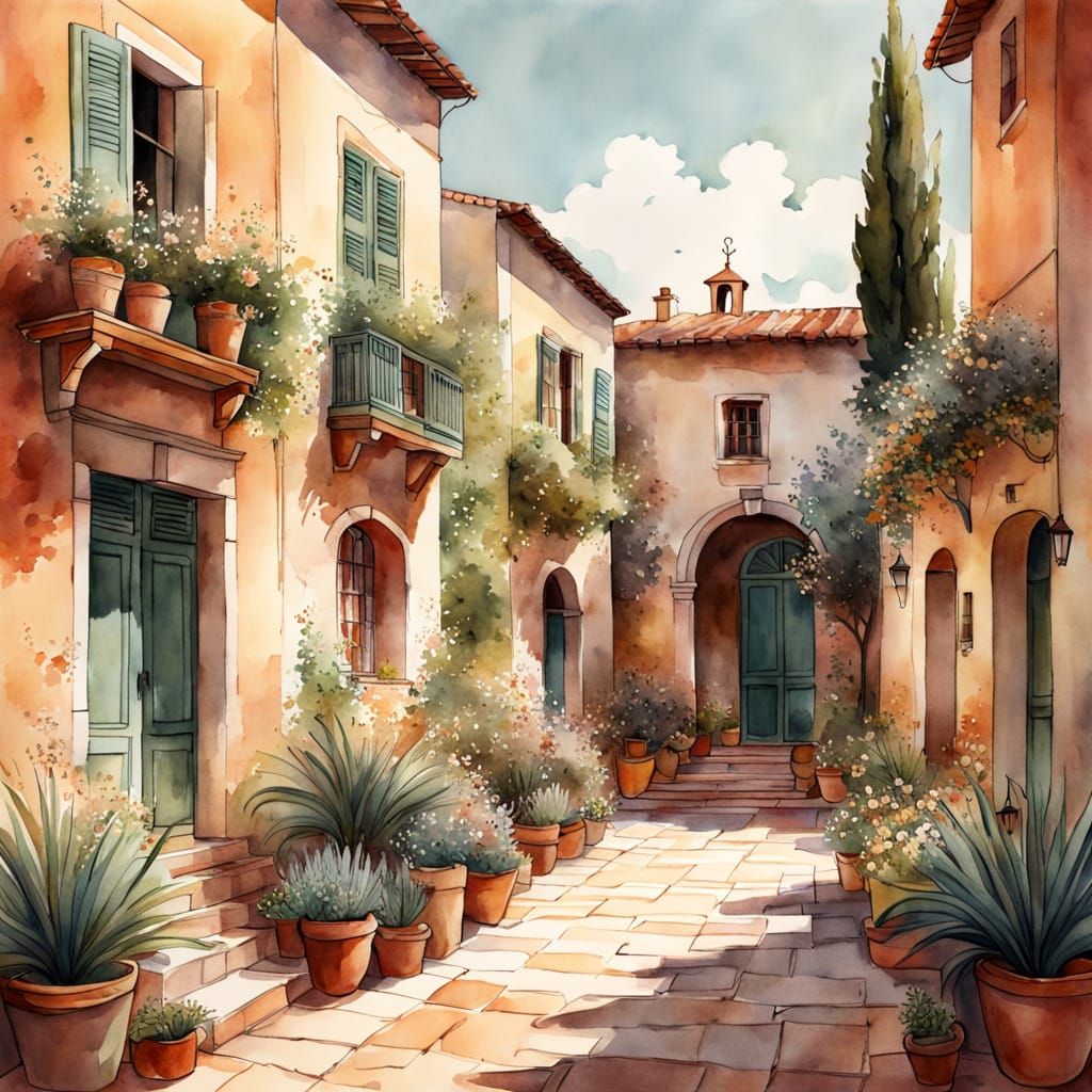 Mediterranean Village Square in Watercolor Style