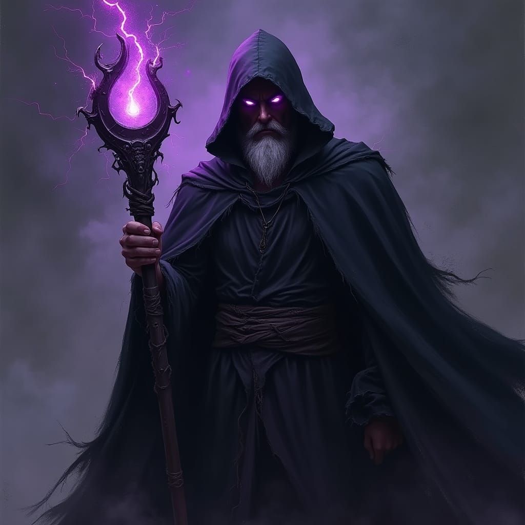 Dark Fantasy Shadow Wizard in Ominous Stance with Glowing St...