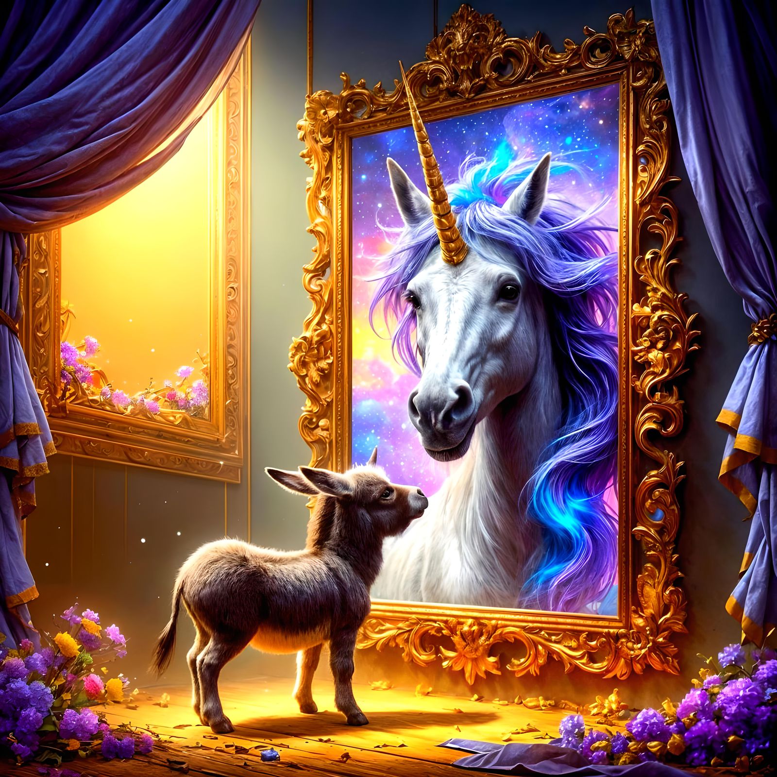 Donkey Sees Unicorn Reflection in Fantasy Art