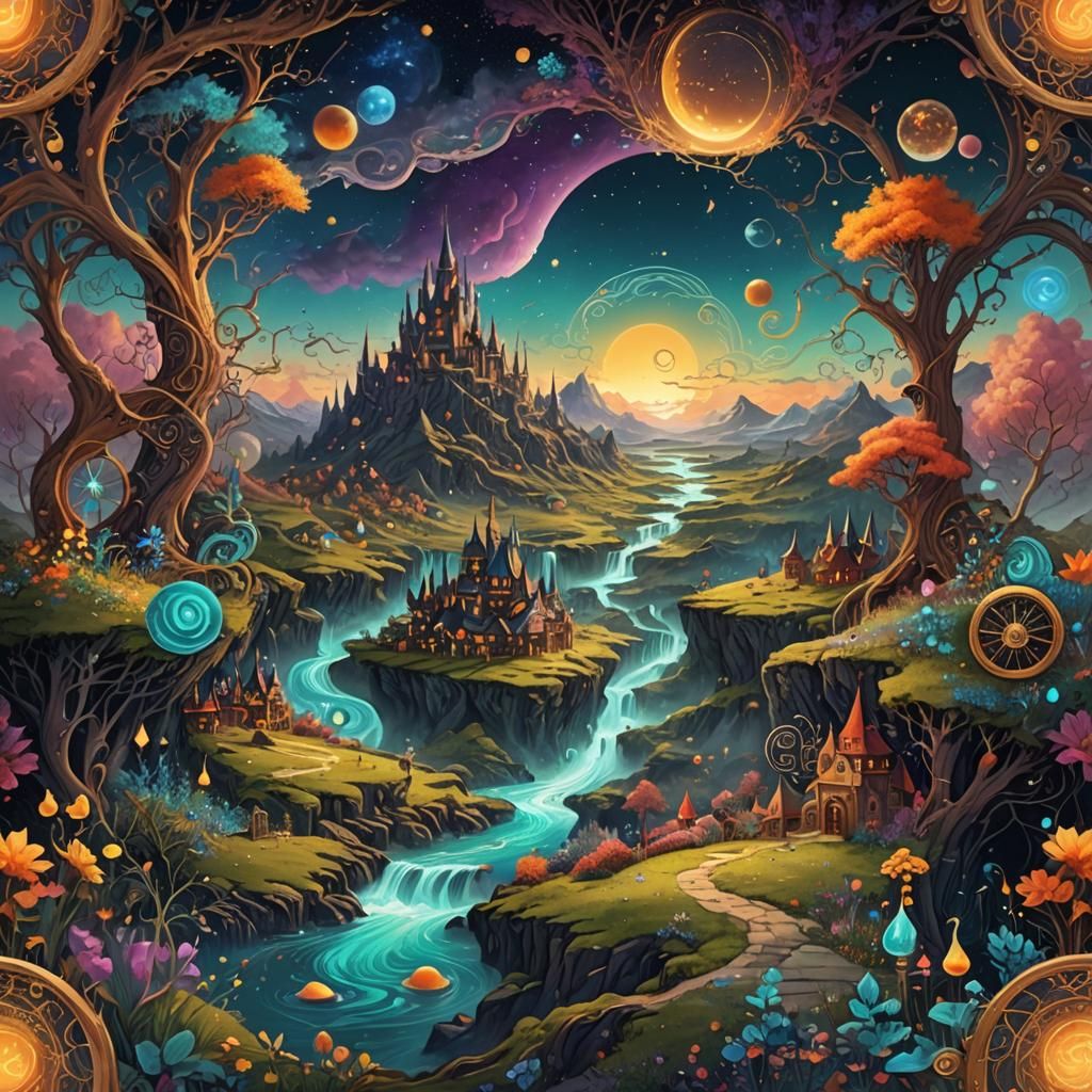 A whimsical and colorful digital art piece inspired by alchemy and magic, showcasing a mystical landscape