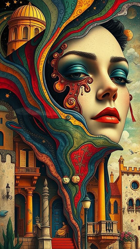 Trippy fantasy city surrealism, classical European art vibes...