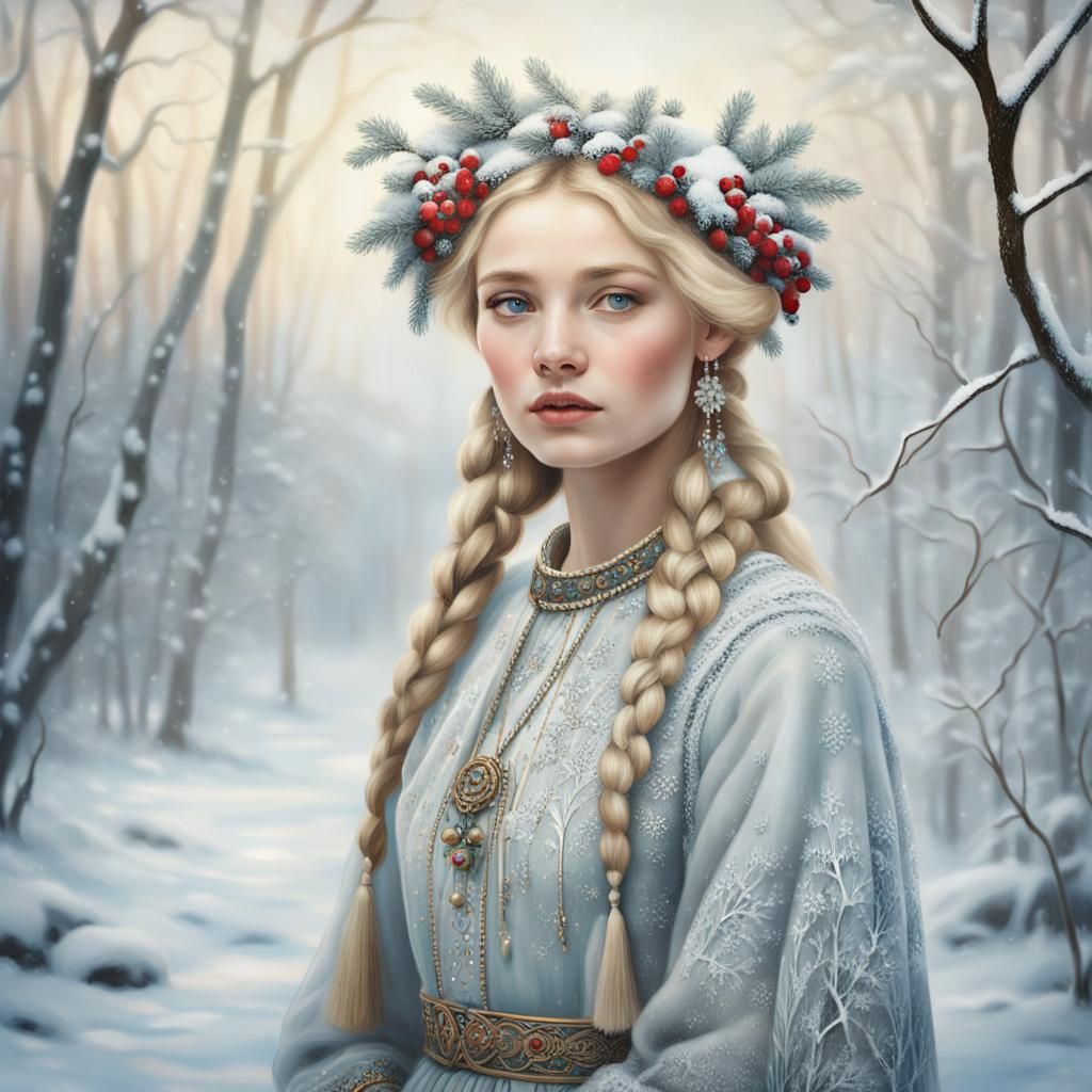 Slavic Beauty in Winter Wonderland: A Folk Art Painting