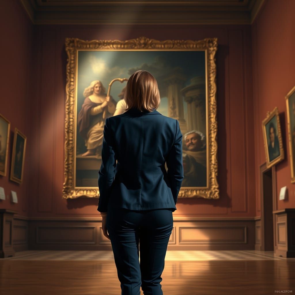 Woman Admires Museum Masterpiece in Grand Gallery