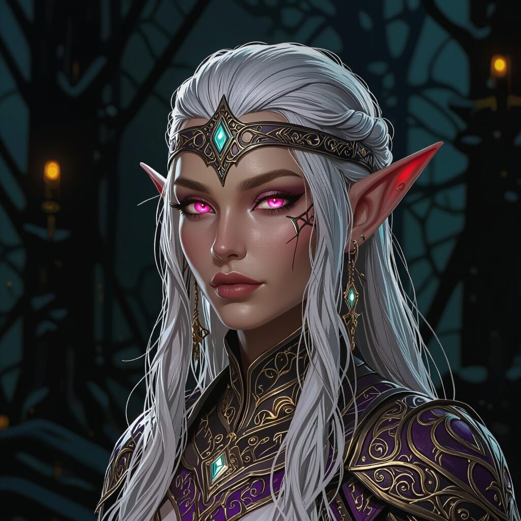 Dark Fantasy Elf With Black Skin and Pink Eyes