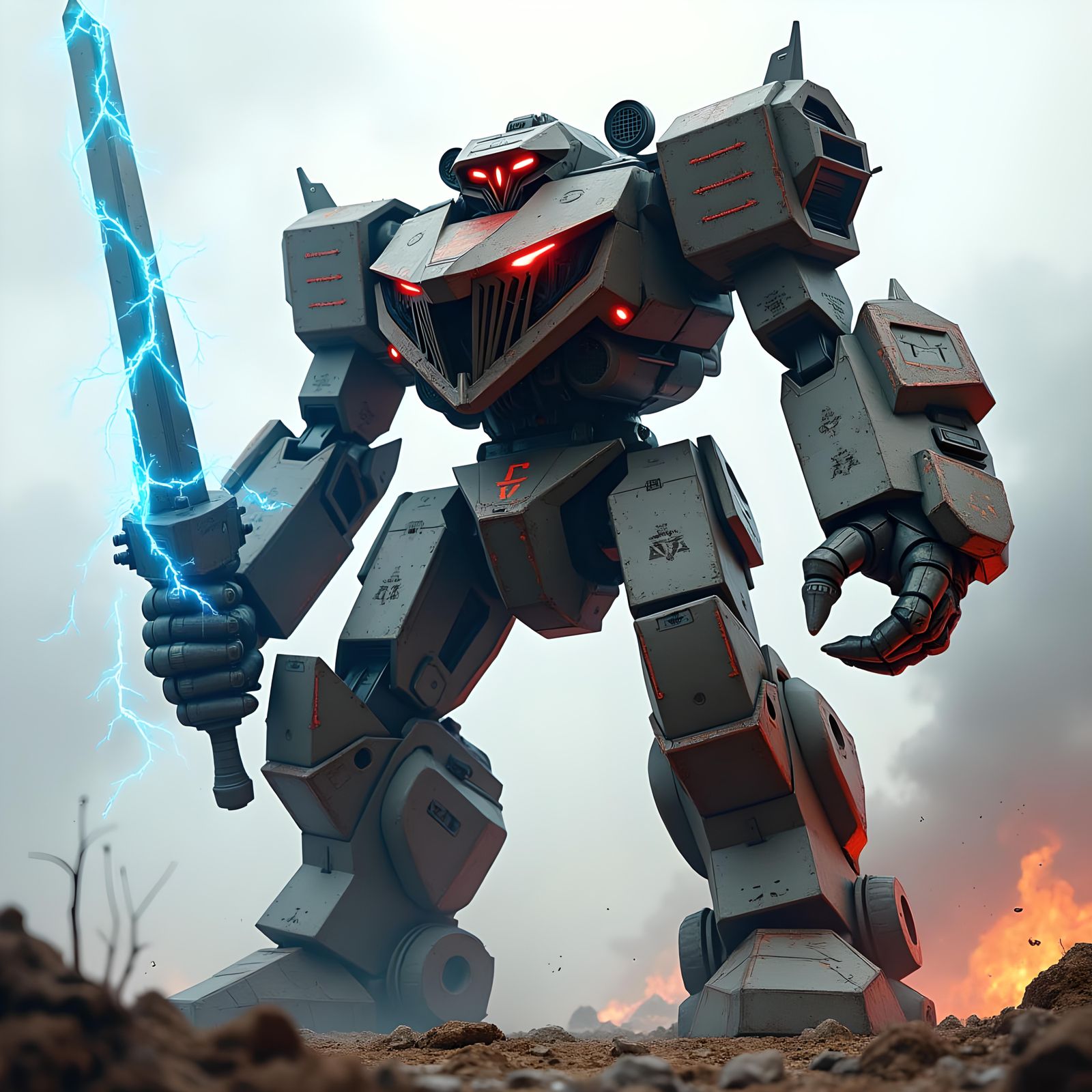 Battle-Hardened Mecha Warrior with Energy Sword
