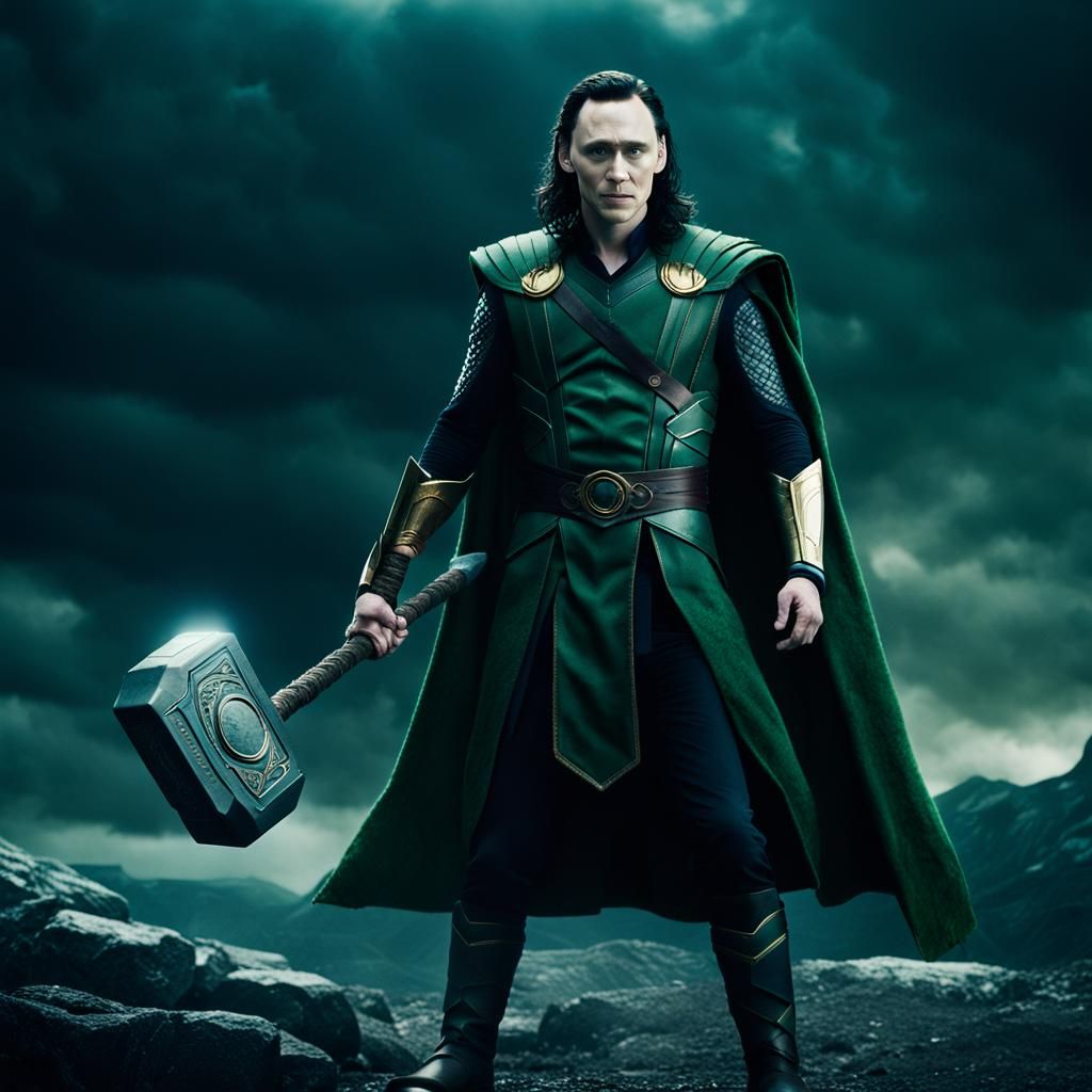 Loki Holding Mjolnir: Cinematic Film Still