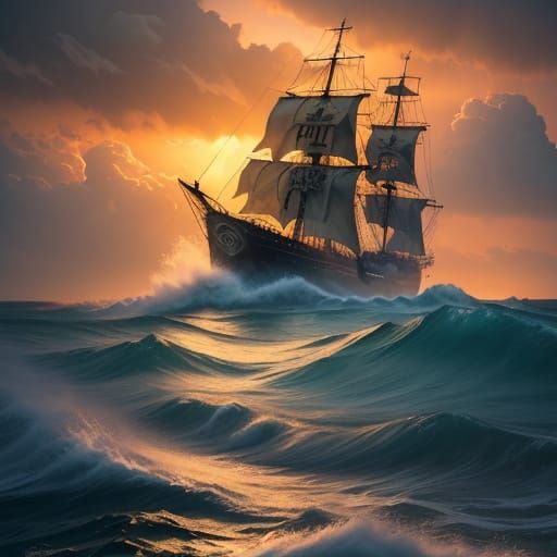 Cinematic Sunset Pirate Ship Amidst Stormy Waters