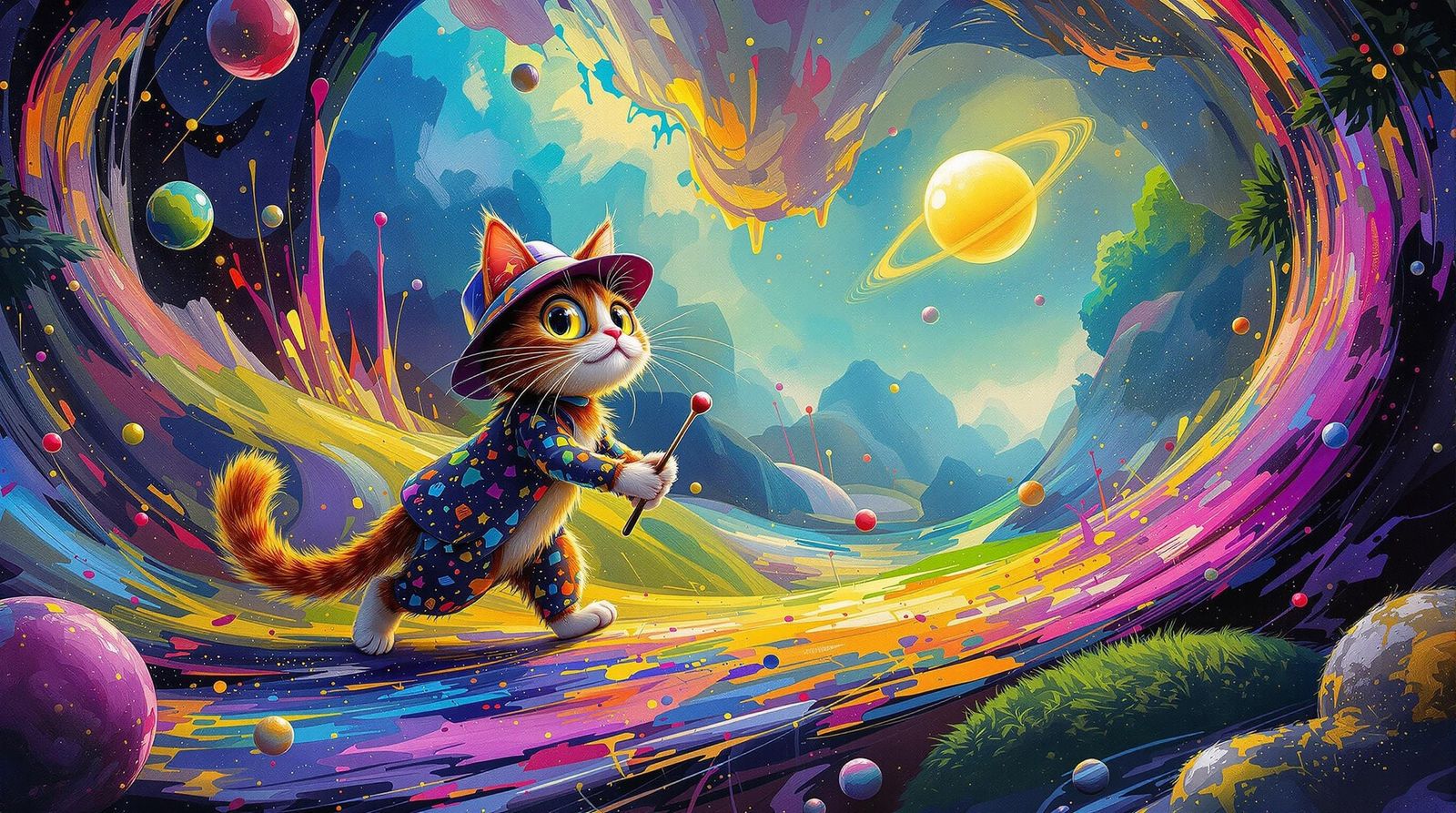 Cat Golfing in Dreamlike Abstract Expressionist Style