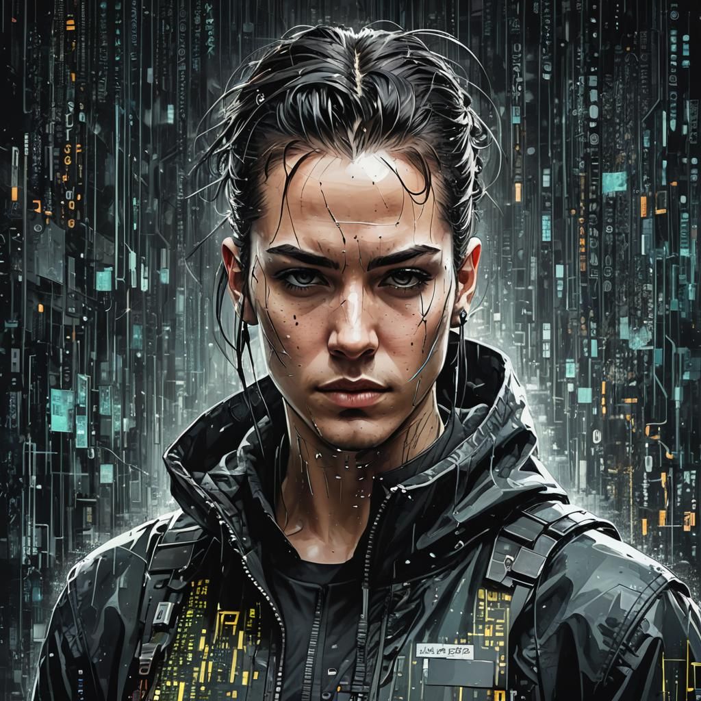 Cyberpunk Hacker in a Glitchy Digital World