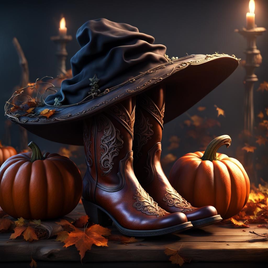 Halloween Still Life with Pumpkin and Witch Hat