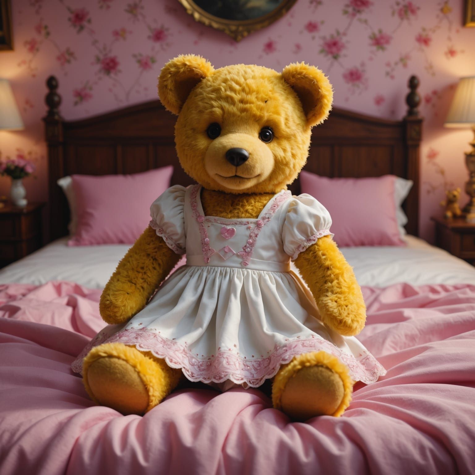Bright Yellow Teddy Bear in a Dreamy Bedchamber