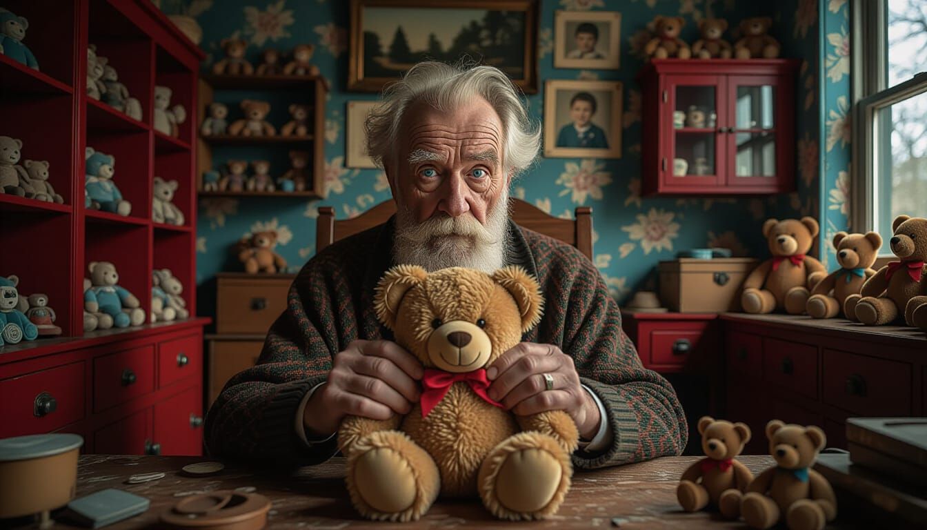 A  blue-eyed strange old man  seats in the center of an old ...