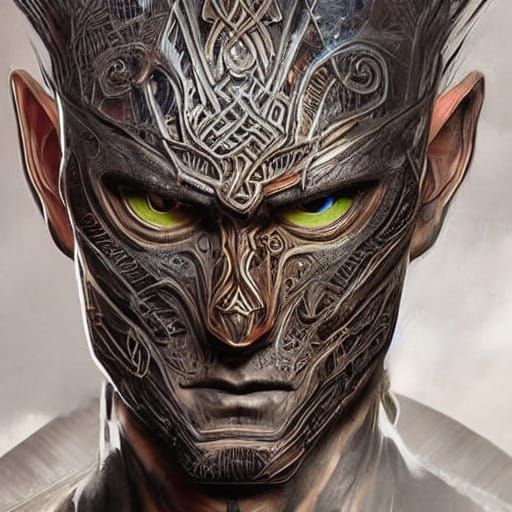 Obsidian Mask Portrait with Celtic Runes in 3D