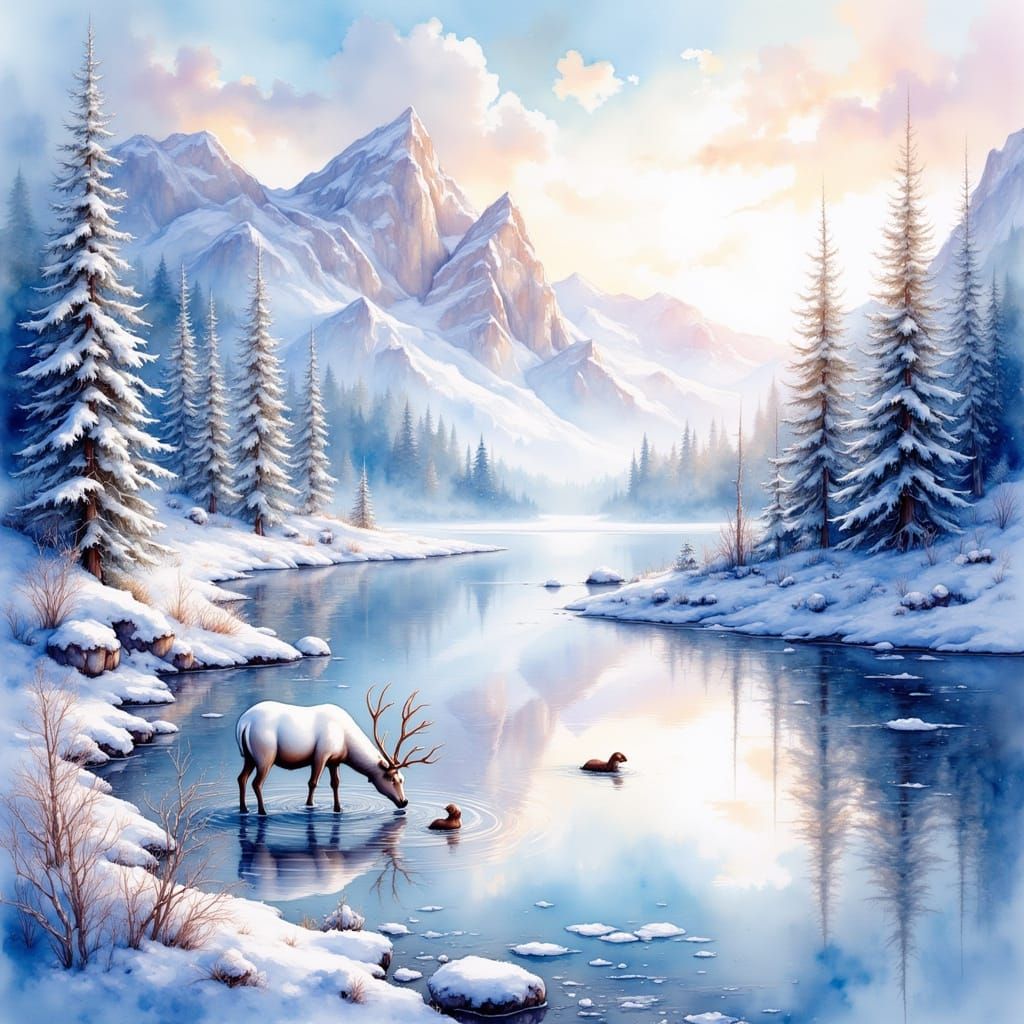 <lora:MrsH Watercolor:1.0> A serene winter landscape in the ...