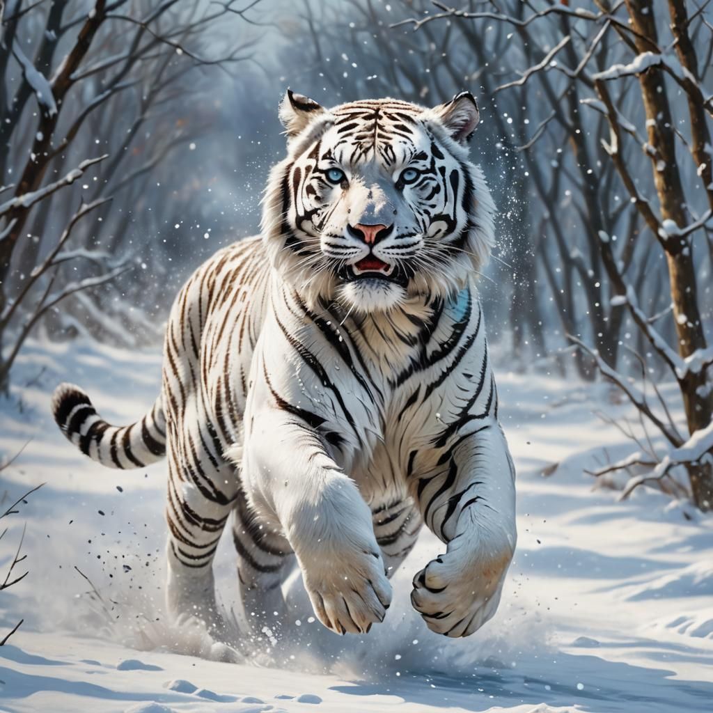 White Tiger Running in Snow: Oil Painting Concept Art