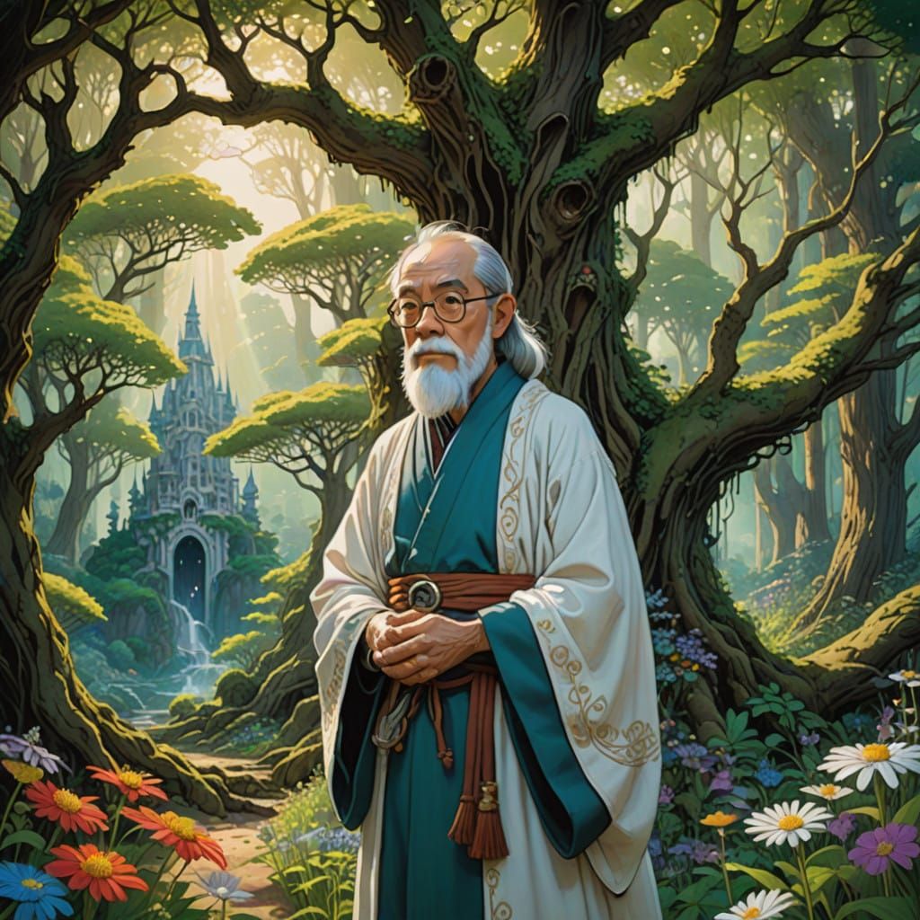 Surreal Whimsical Forest Scene with Magical Tree Blooming